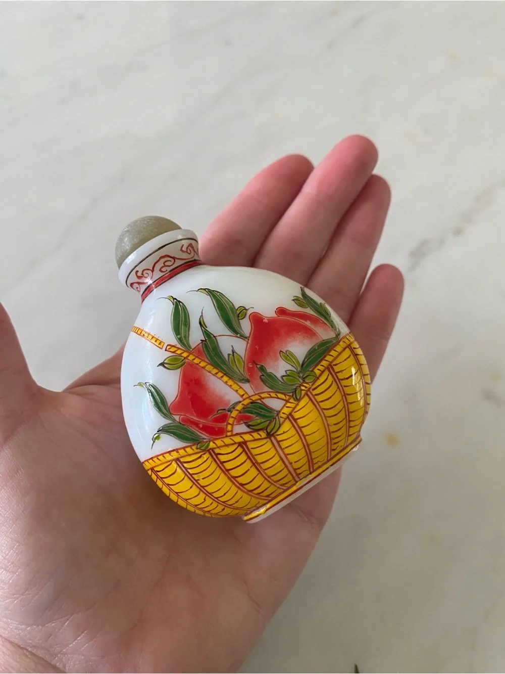 Vintage Chinese hand-painted Opaque Pekin Glass Snuff or Scent Bottle